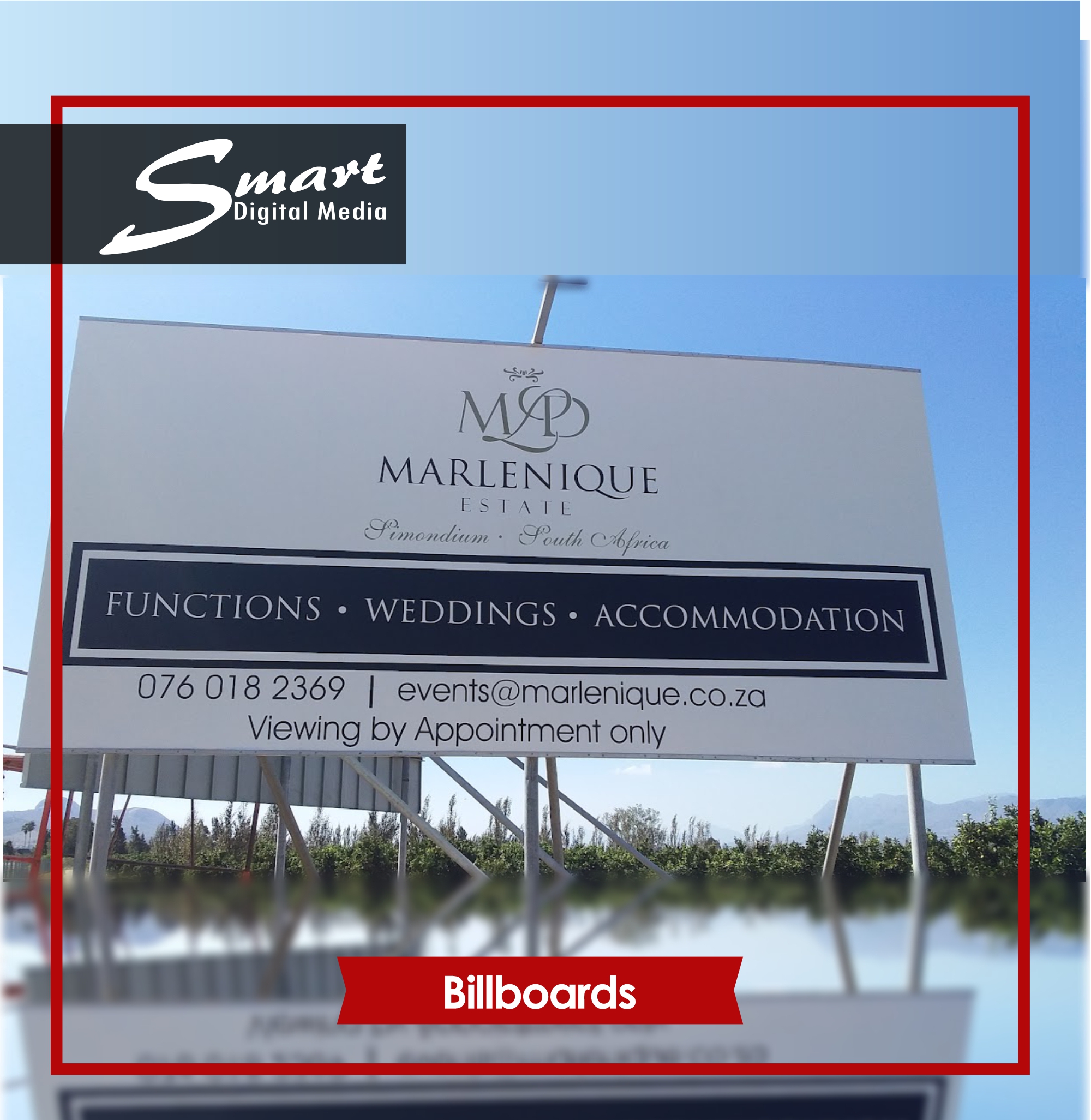 Large vinyl application to billboards Large white billboard with Marlenique branding in black lettering.