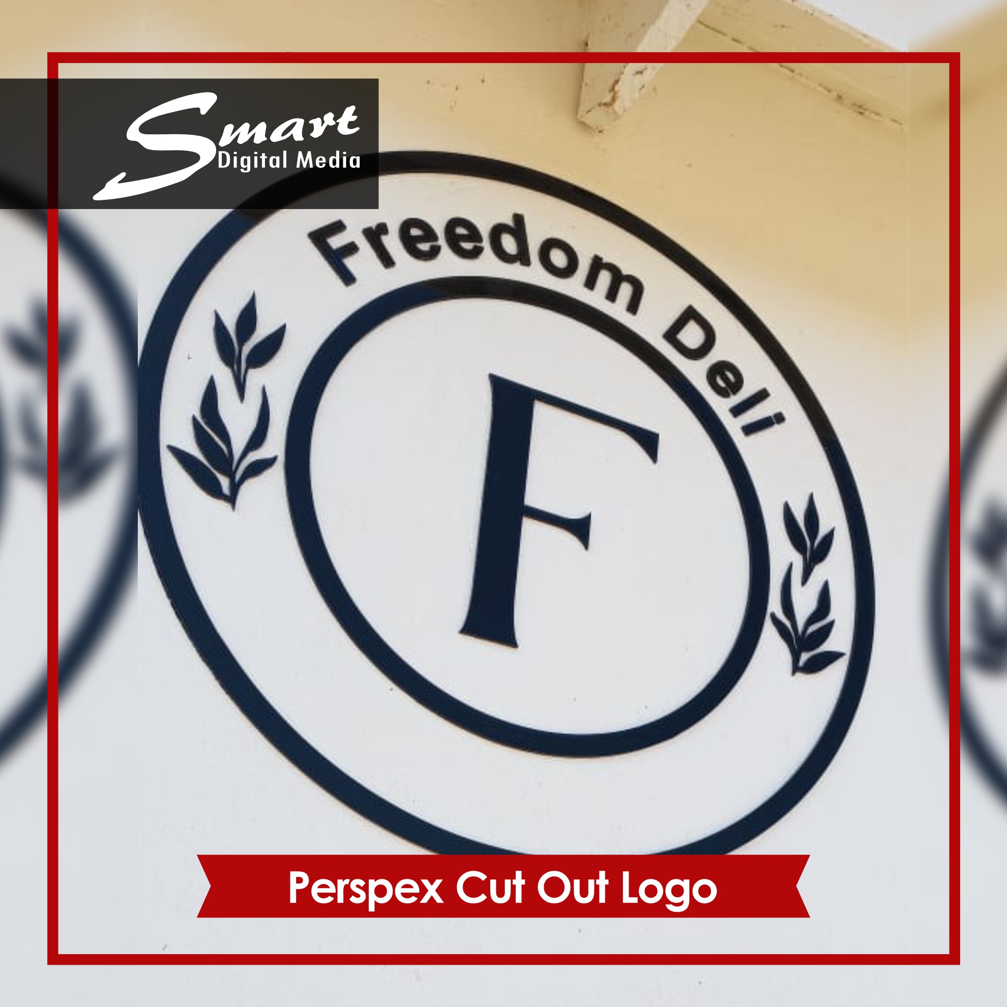 Perspex Cutout Logo's Freedom Deli perspex cutout logo mounted to white wall.