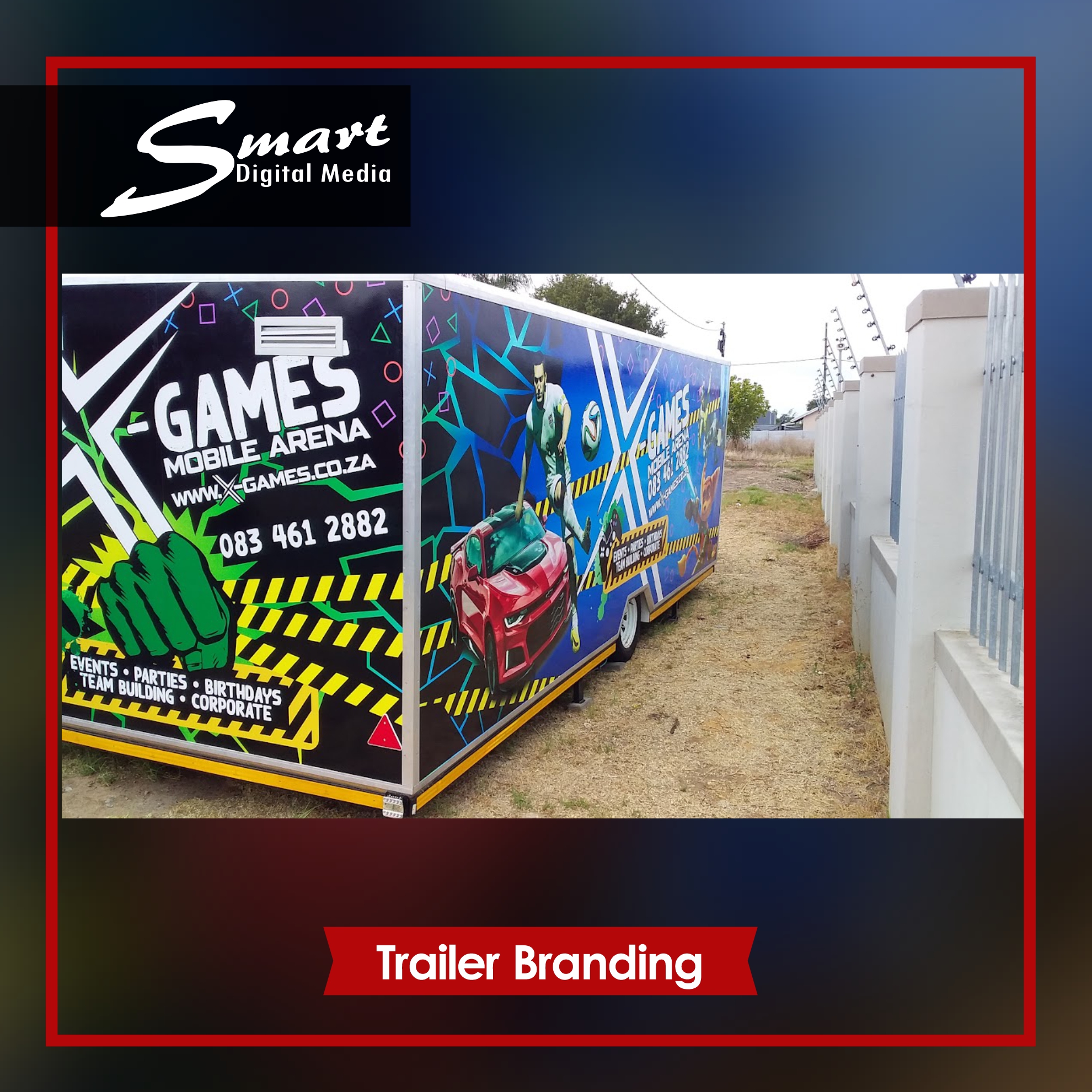 Blue trailer with various video game characters displayed for GAMES mobile arena. Trailer is based on roadside.