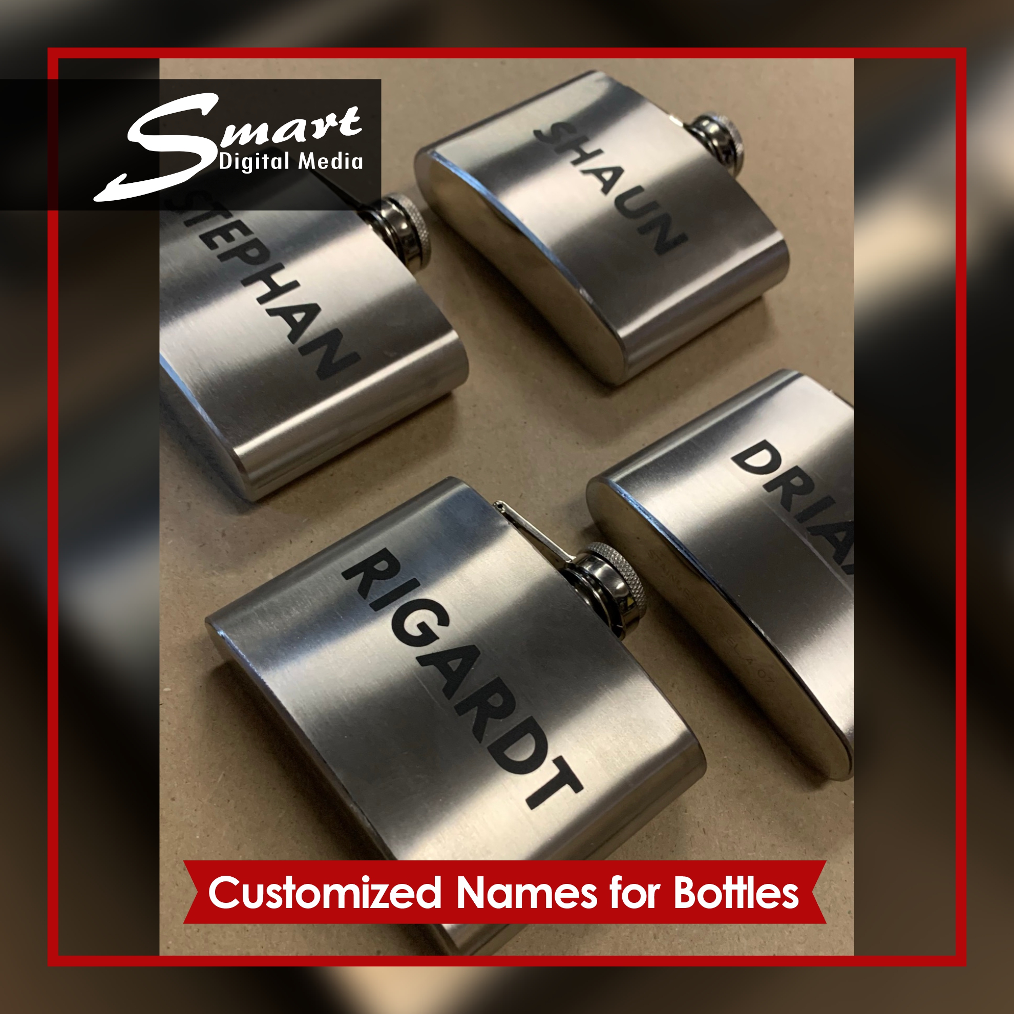 Customized Bottle labels Metal bottle canisters with custom names on. Labels, Printing & Signage completed by Smart Digital Media's Signage Team, 183 Main Road, Paarl, Cape Winelands, Western Cape, South Africa