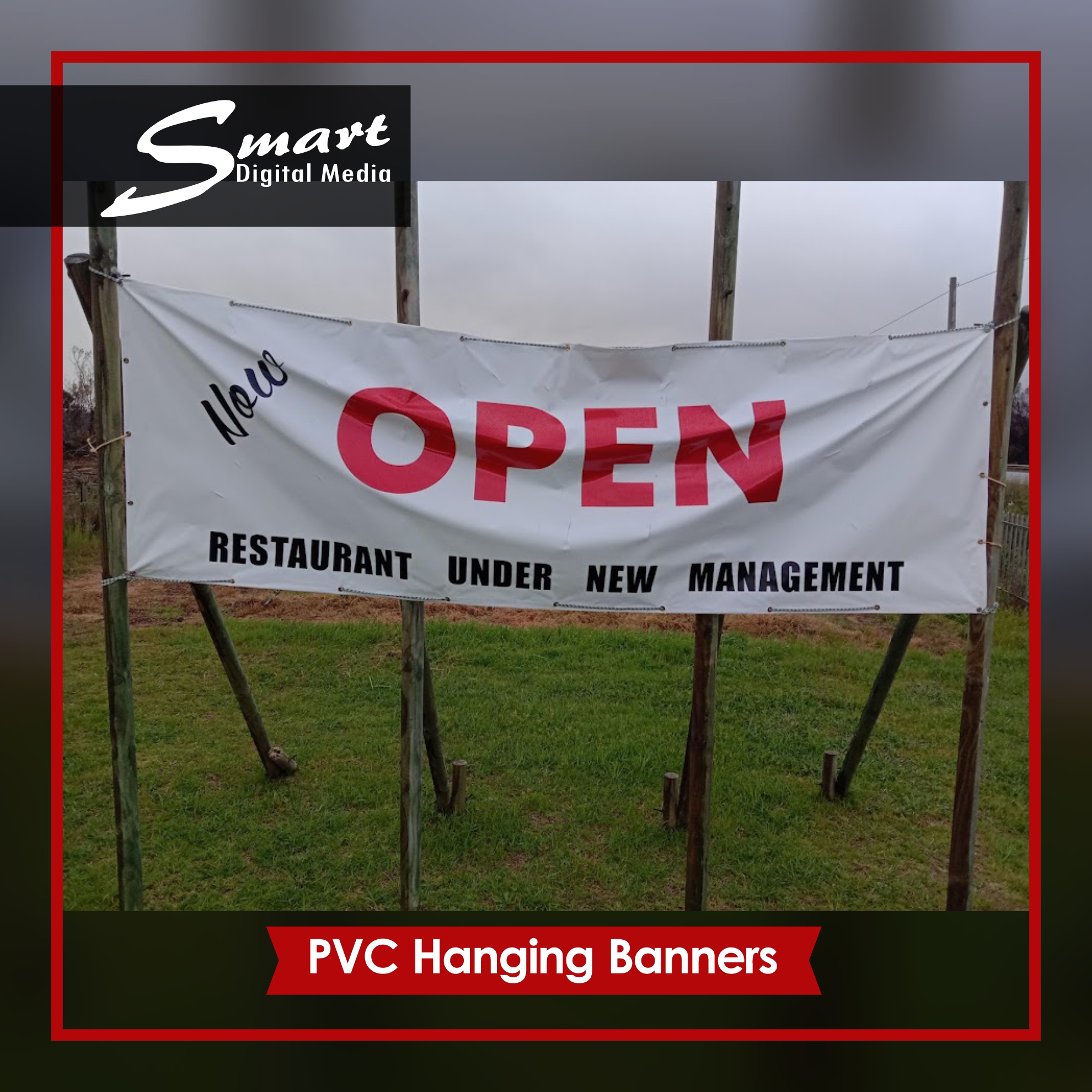 White PVC Hanging banner diplaying as an open sign for a business