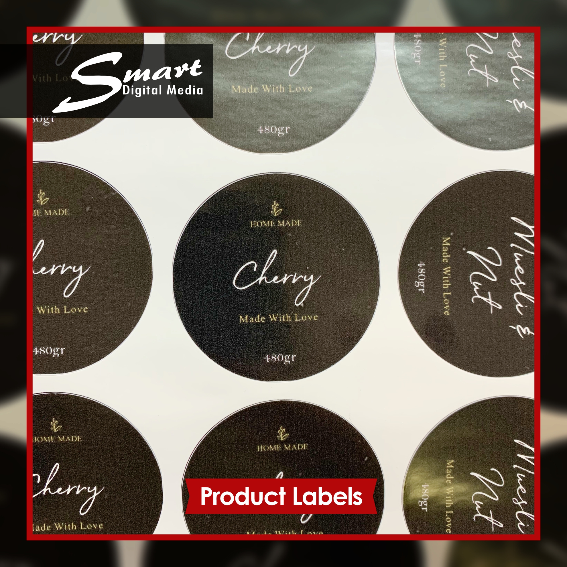 Vinyl sheet with rows of round black product sticker labels.