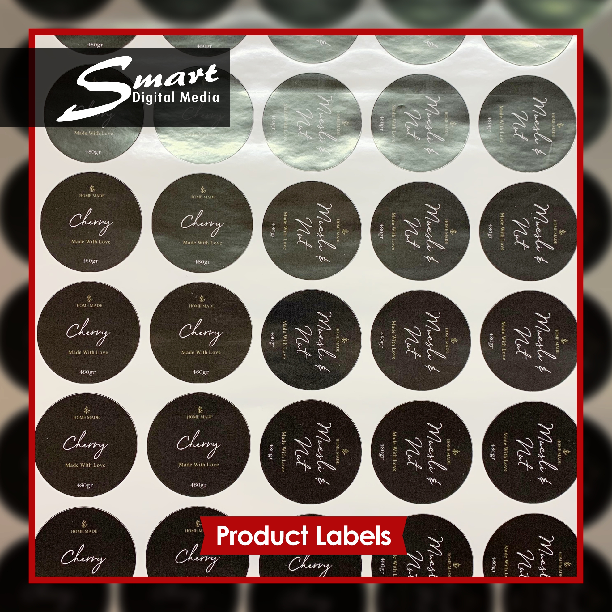 Vinyl sheet with rows of round black product sticker labels.
