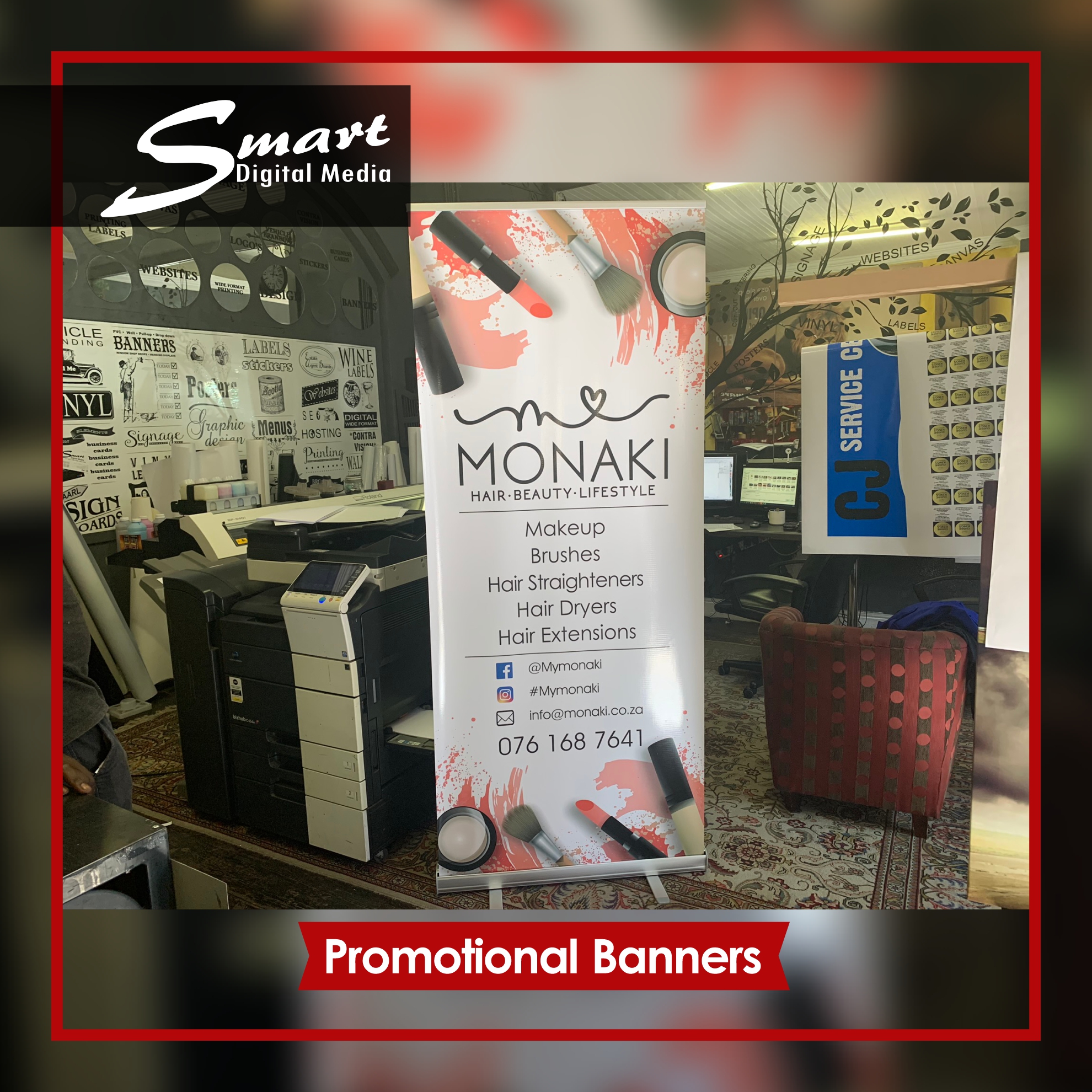 Pull up banner with MONAKI company details.