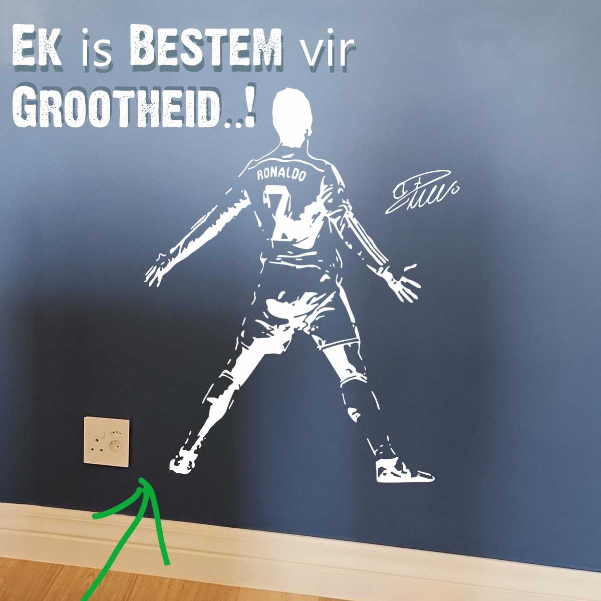 Ronaldo Mockup of Afrikaans word wall art. Displaying "I am destined for greatness"