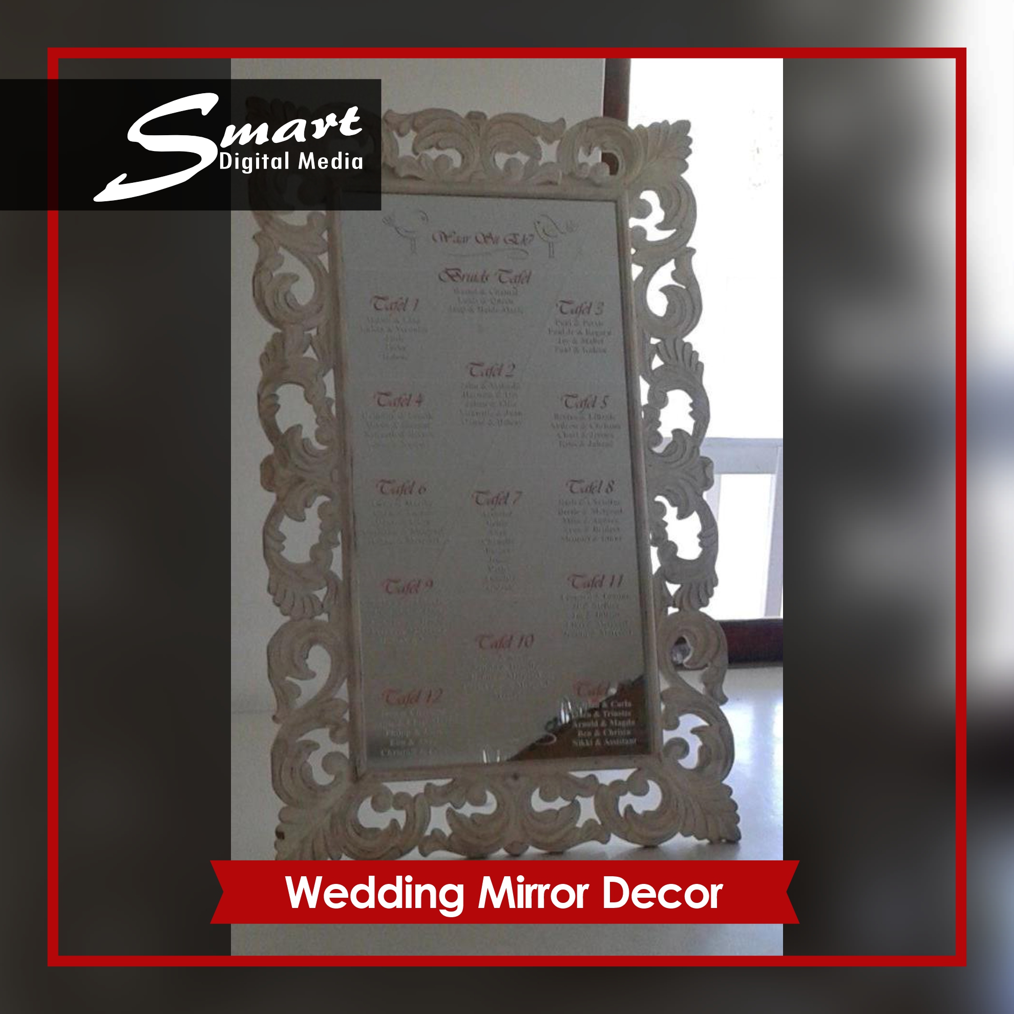 Large Mirrorstanding upright on floor. Mirror has vinyl on for a wedding.
