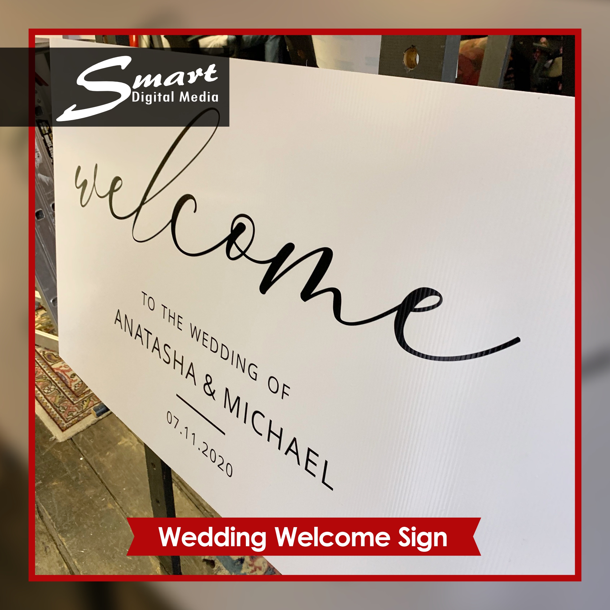 Wedding Decor  Large white wedding welcome sign with elegant fonts.