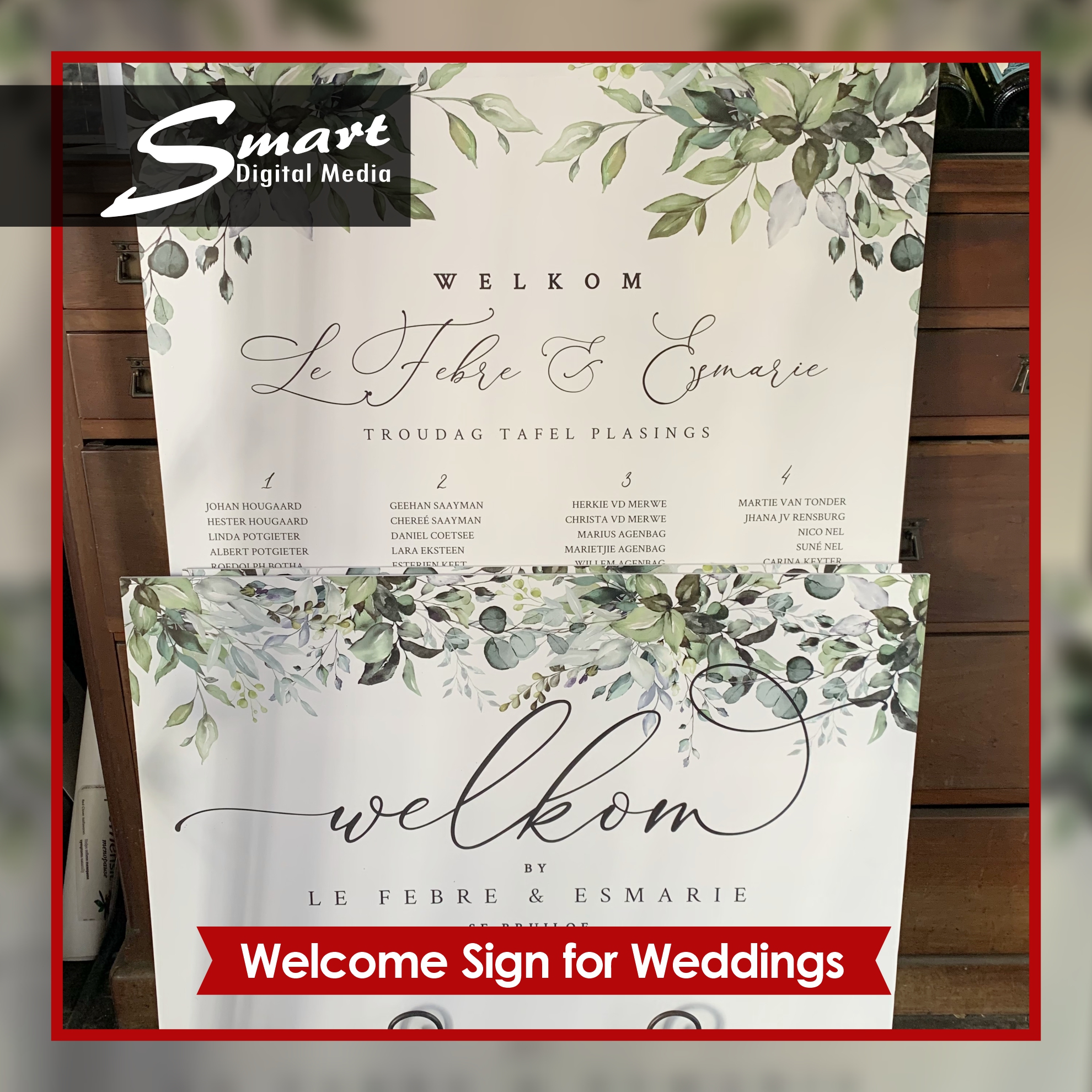 Wedding Welcome board with bride & groom's initails and floral features