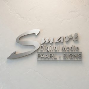 Smart Digital Media; Signage Team located in Paarl, Cape Winelands, Western Cape, South Africa premium 3D wall logo art. Elegant signage branding displayed on a modern light feature wall.