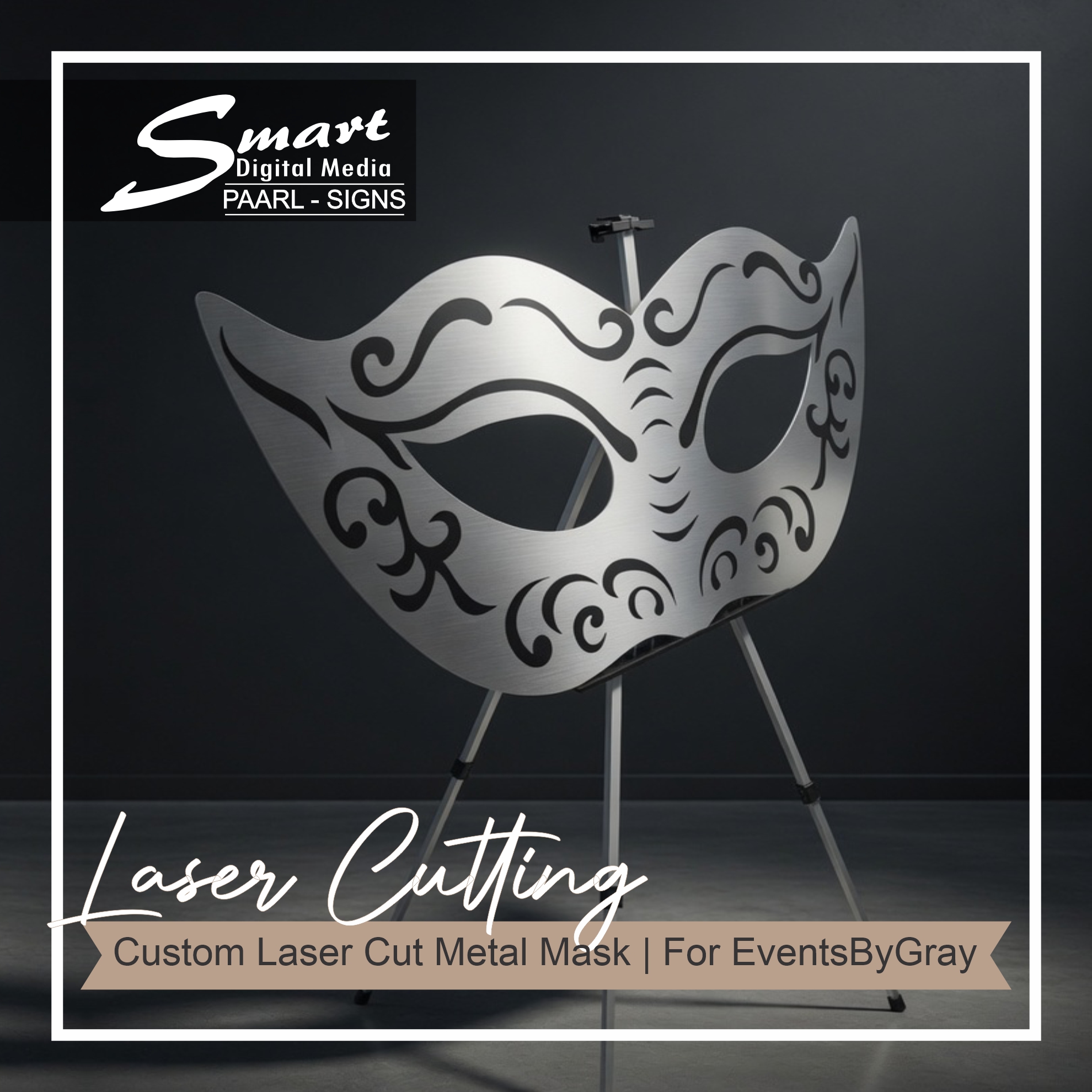 Professional studio photograph of precision laser-cut metal masquerade mask fabricated by Smart Digital Media Paarl