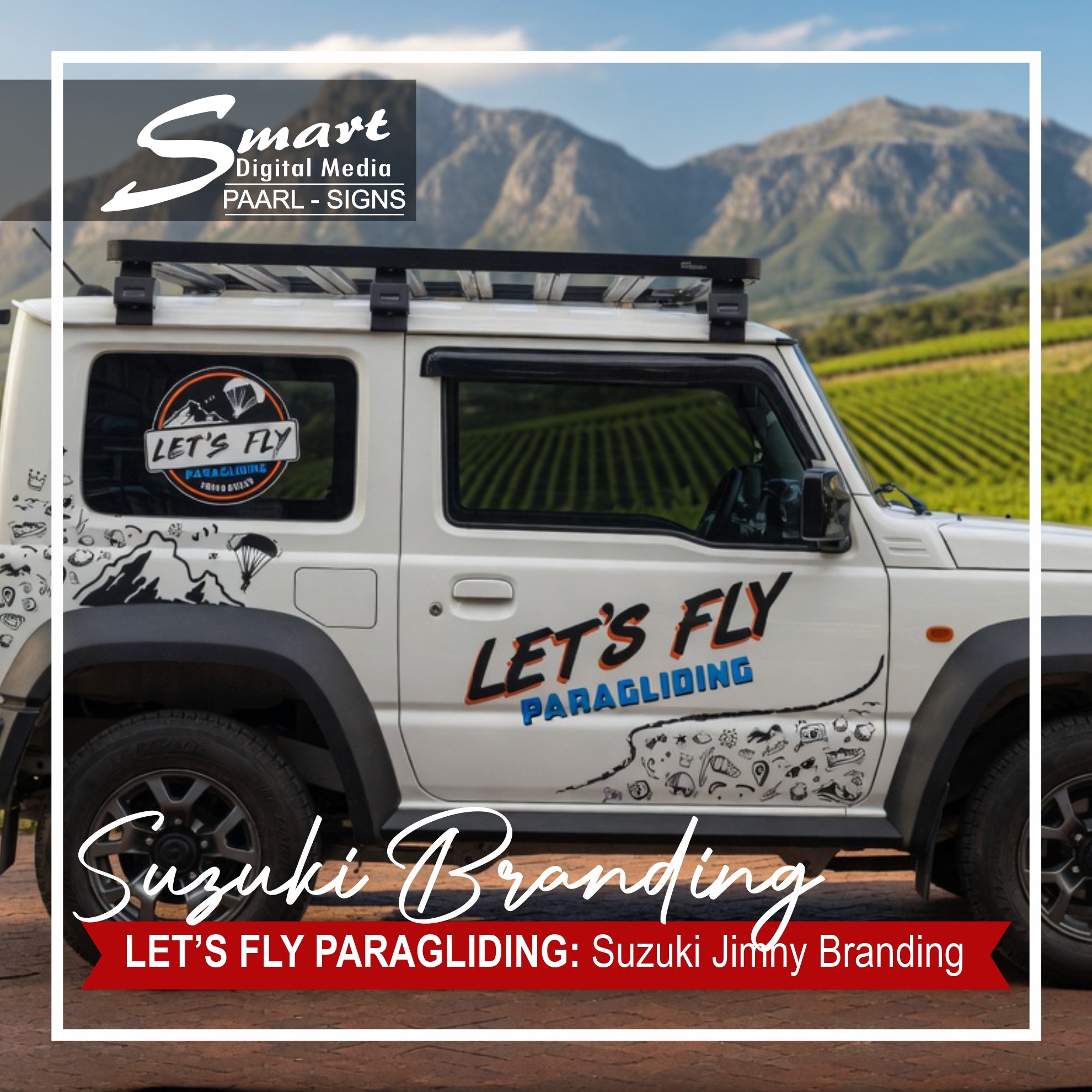 The SDM Signage team transformed Let's Fly Paragliding’s trusty white Suzuki Jimny into a stunning road-ready rolling billboard using high-quality vinyl decals. The bold 'LET'S FLY' lettering, parachute icons, mountain silhouettes, and playful doodle graphics perfectly capture the spirit of adventure and excitement.
