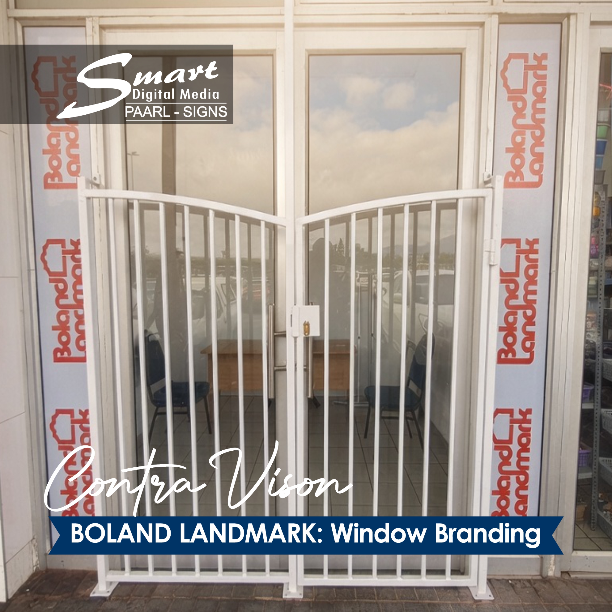 Smart Digital Media delivered beautiful Contra-Vision window branding for our longstanding client Boland Landmark, Paarl’s trusted property management and real estate experts. Clean, modern, and highly effective one-way vision film!