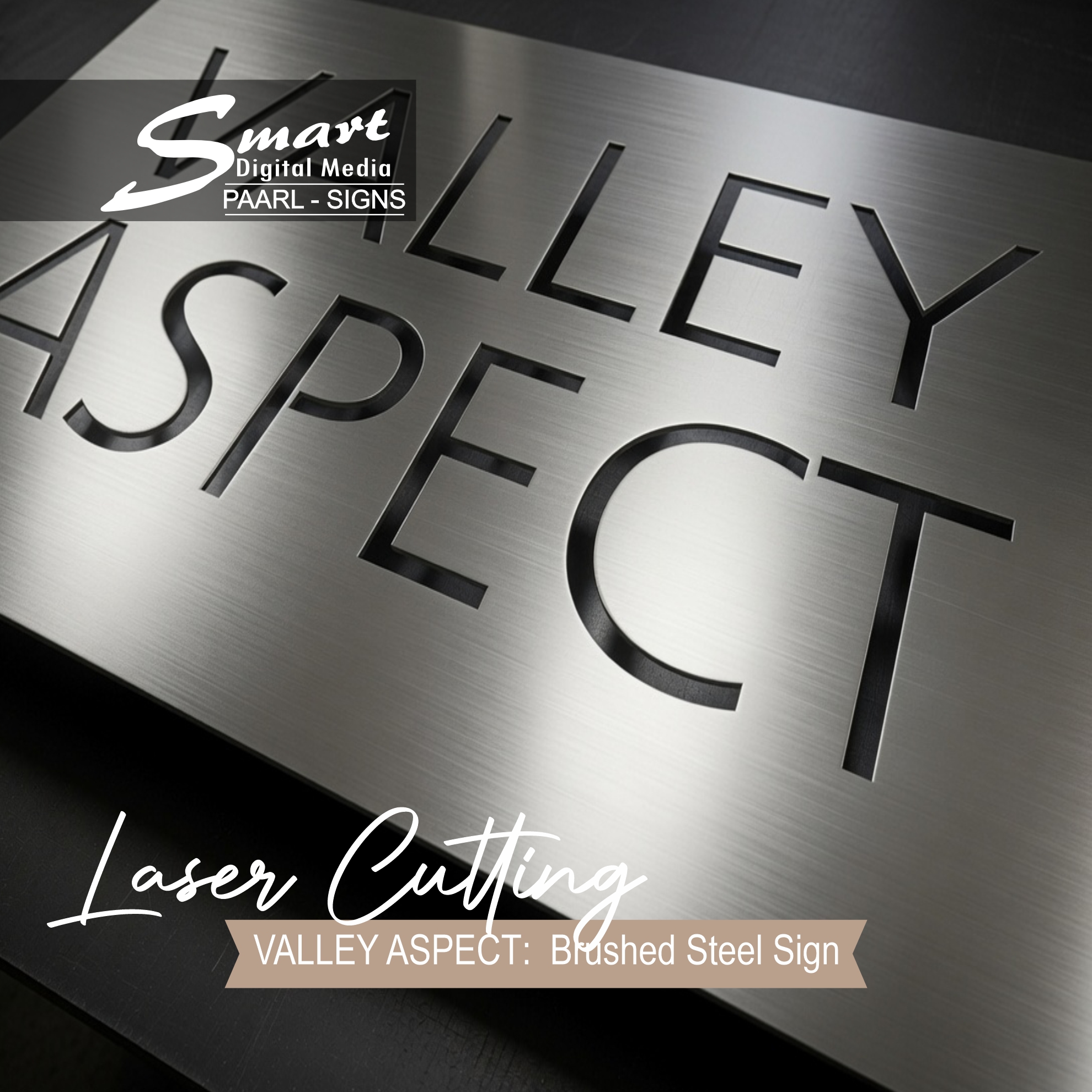 Luxurious brushed stainless steel "VALLEY ASPECT" address sign mounted on marble wall. Custom home and street signage with elegant laser-cut lettering by Smart Digital Media Paarl – perfect for premium property branding.
