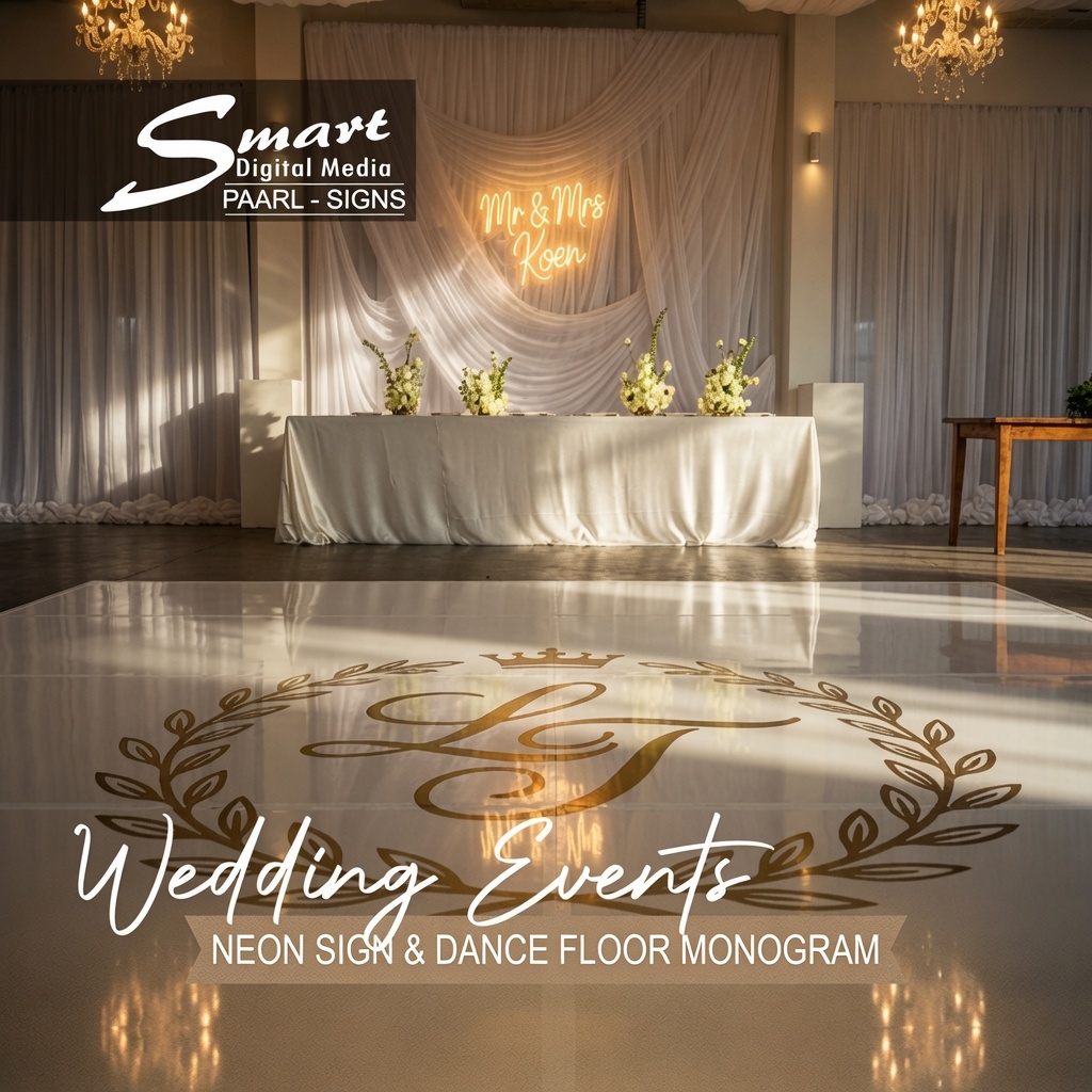 Looking for elegant gold dance floor monograms and warm white neon signs for your wedding? Smart Digital Media created this beautiful custom set for Mr & Mrs Koen in the Cape Winelands. Romantic, luxurious, and perfectly executed!