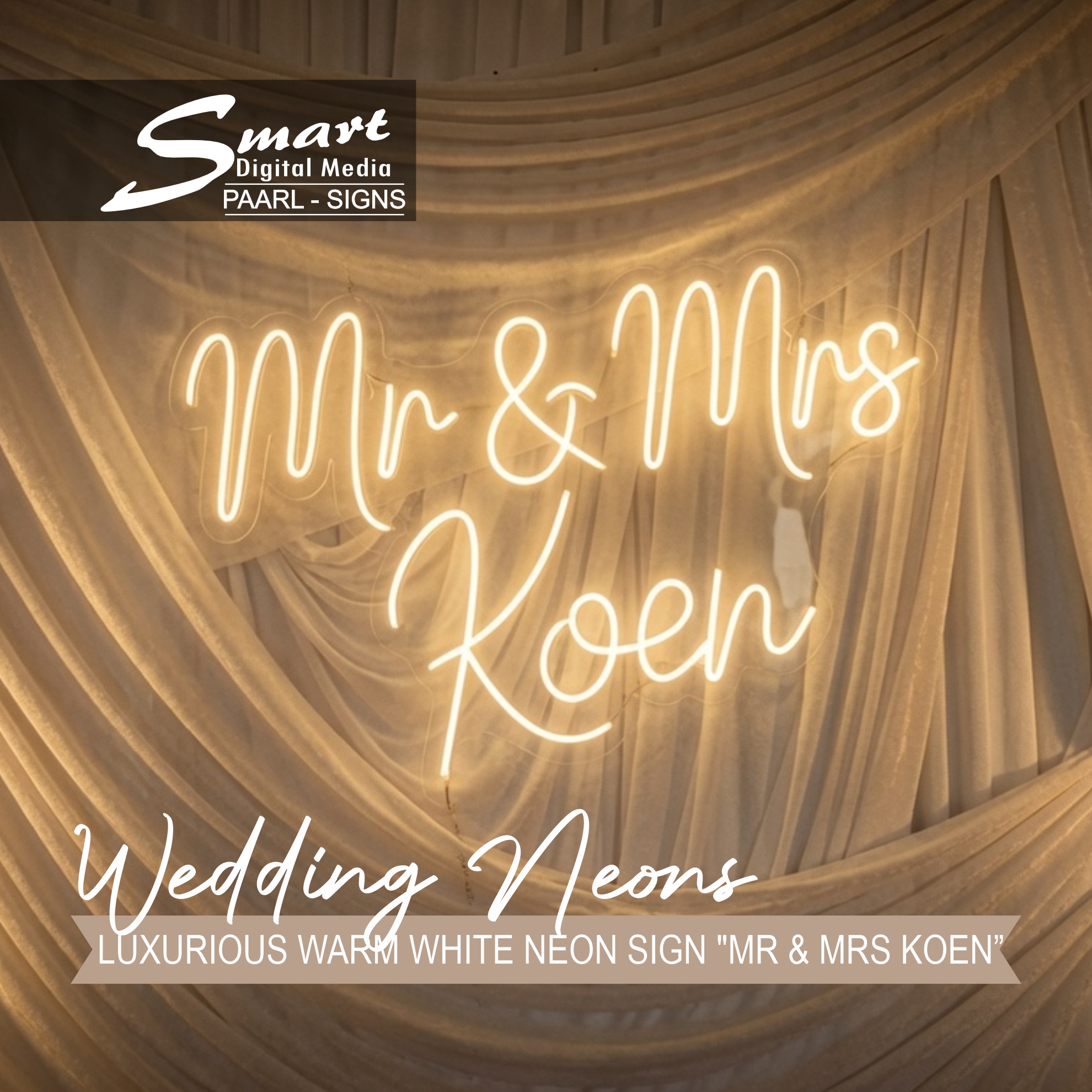 Luxurious warm white neon sign "Mr & Mrs Koen" for the Koen wedding at Kleine Valleij, Cape Winelands. Custom wedding neon signage by Smart Digital Media's signage team in Paarl
