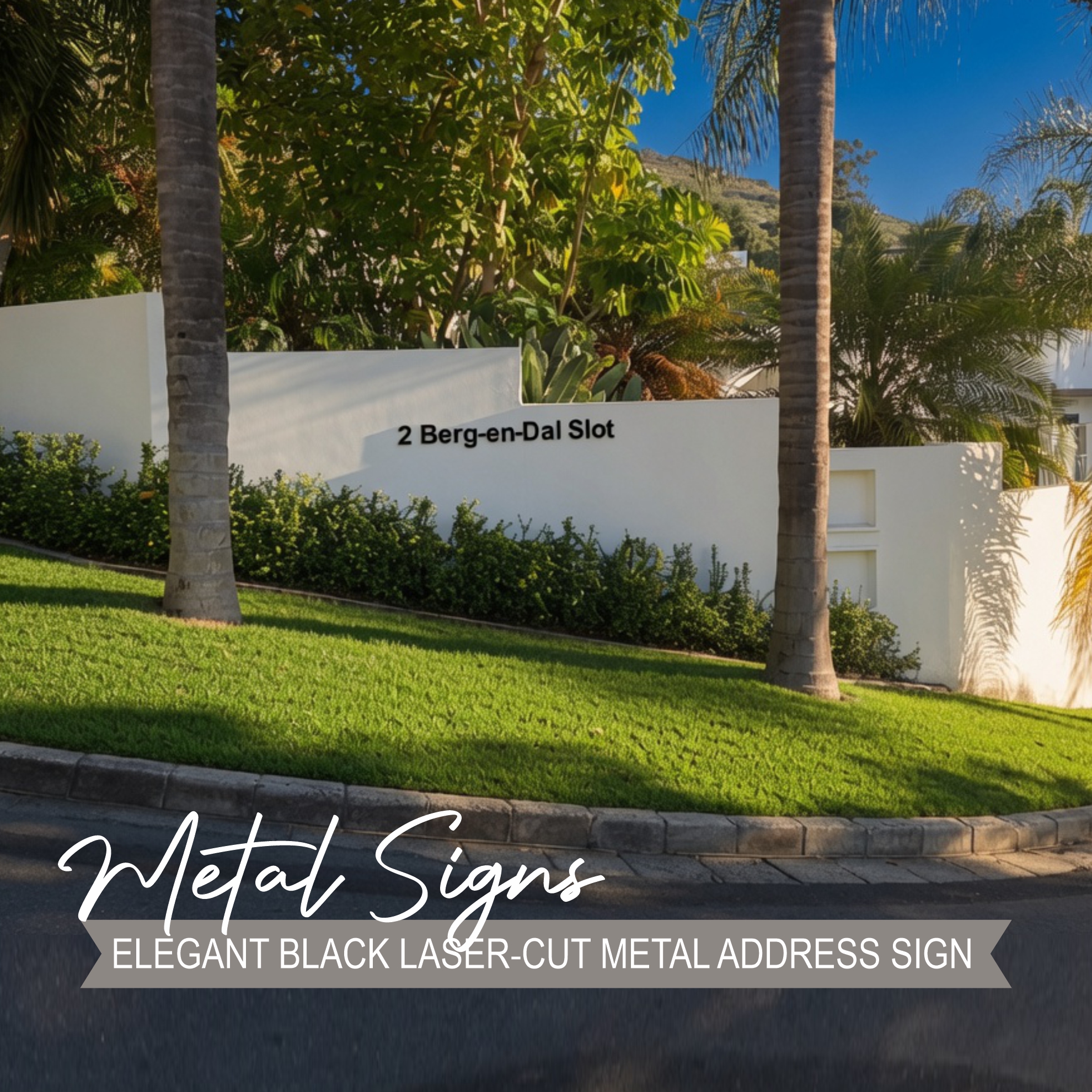 Elegant black laser-cut metal address sign "Berg-en-Dal Slot" mounted on a clean white boundary wall in Paarl by Smart Digital Media. Premium home metal signage with sharp, modern lettering.