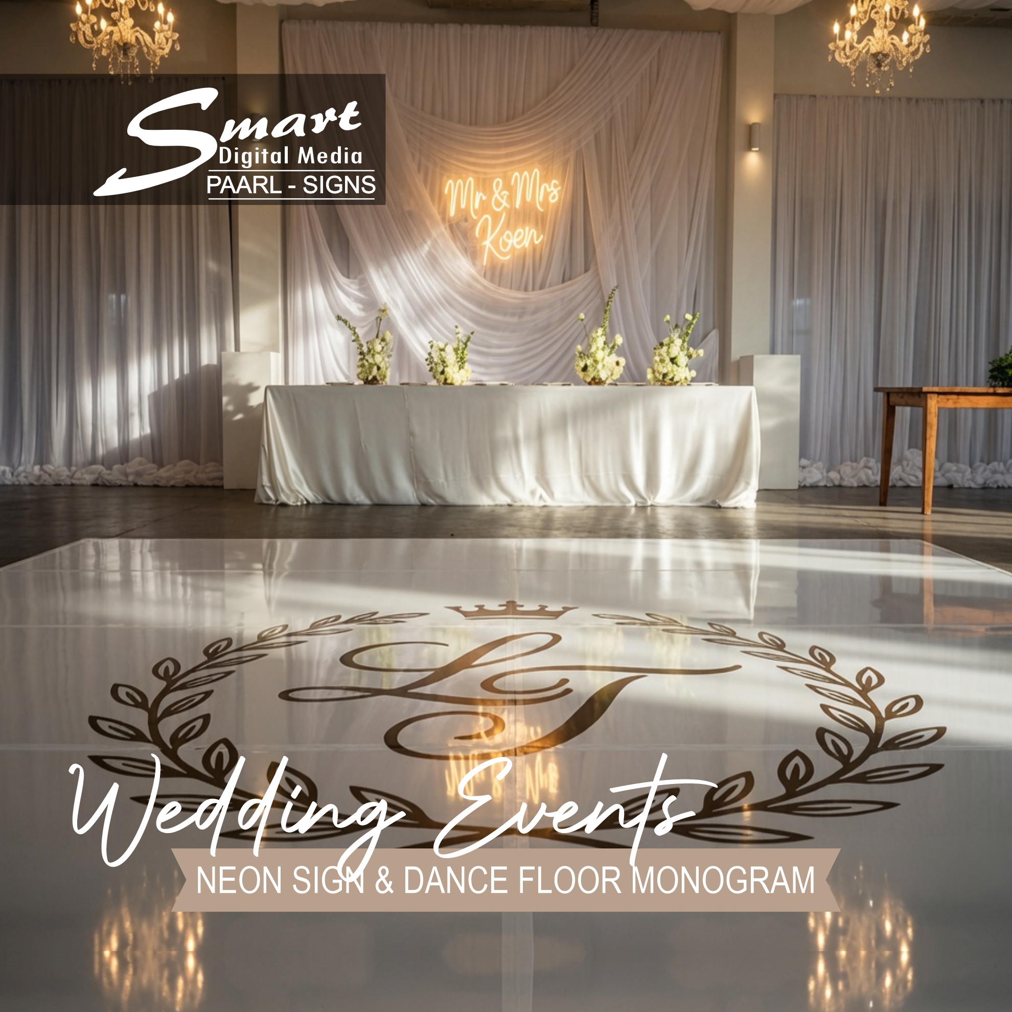 Luxurious warm white neon sign "Mr & Mrs Koen" and elegant gold monogram on the dance floor for the Koen wedding at Kleine Valleij, Cape Winelands. Custom wedding signage by Smart Digital Media's signage team in Paarl