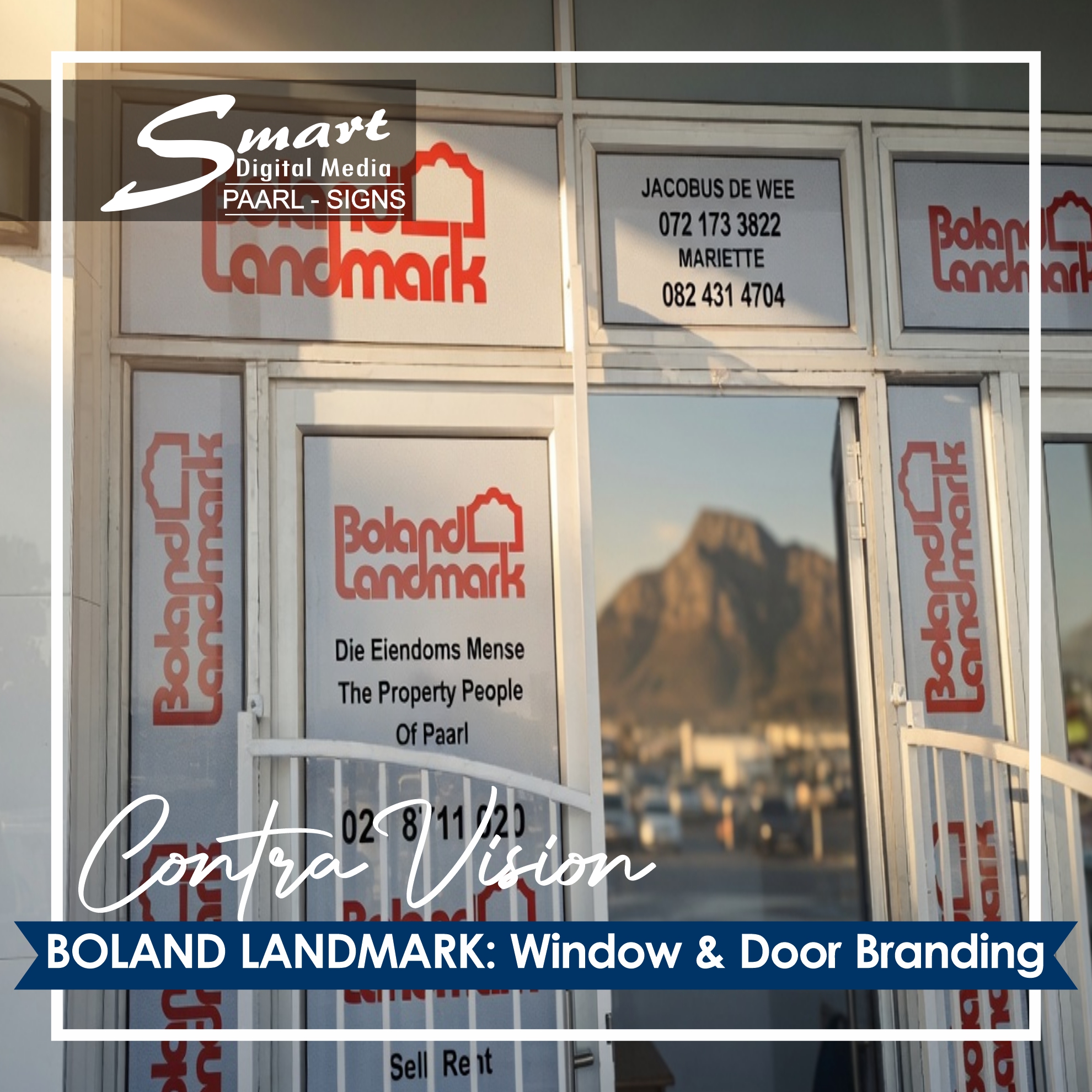 Contra-Vision (one-way vision) is window film that lets you see out clearly while showing bold branding on the outside. Looking for privacy without sacrificing natural light or street visibility? Boland Landmark chose Smart Digital Media’s premium Contra-Vision (one-way vision) window branding – stylish, effective, and professional!