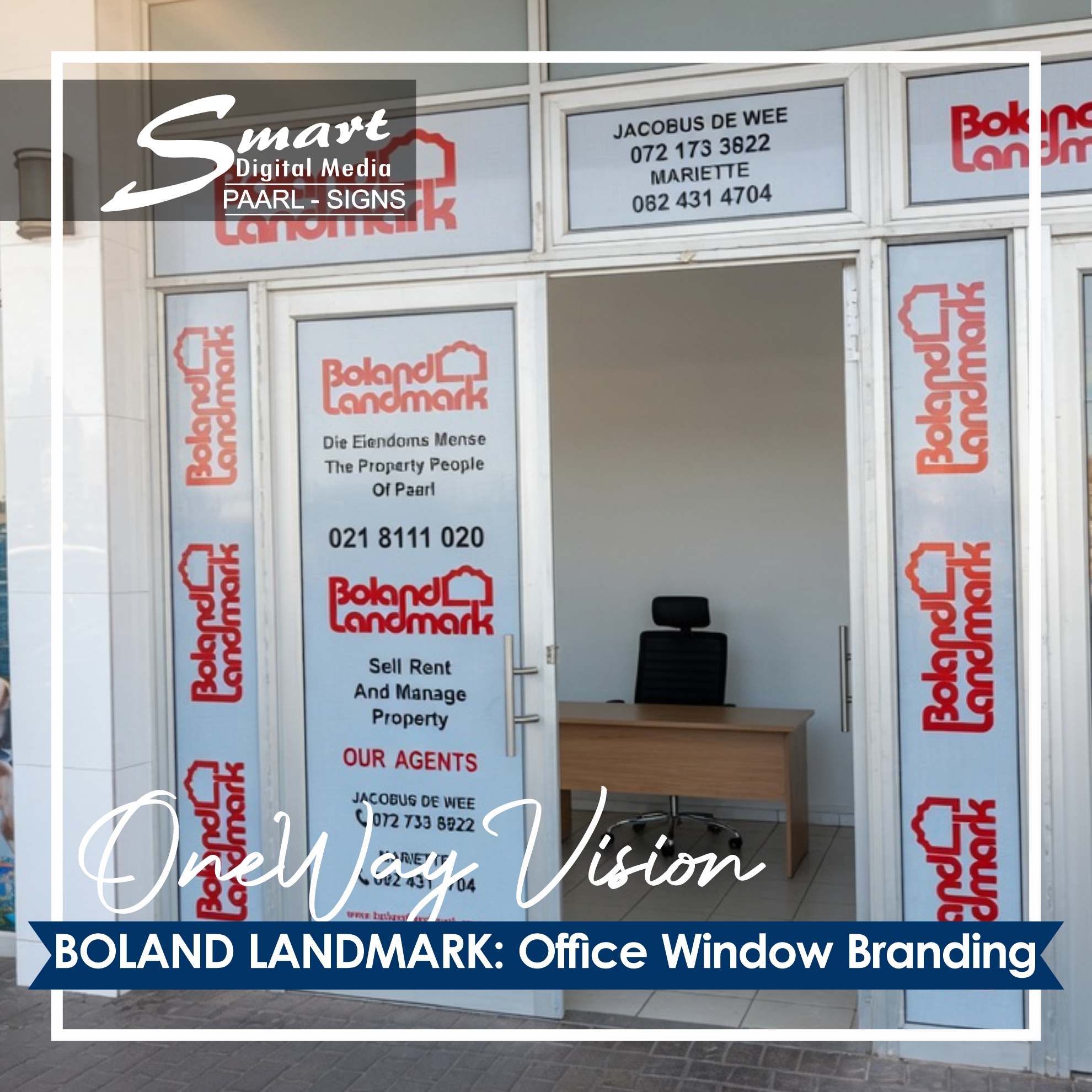 Contra-Vision (one-way vision) is window film that lets you see out clearly while showing bold branding on the outside. Privacy + advertising in one! 🌟 Smart Digital Media's signage team delivered beautiful Contra-Vision window branding for our longstanding client Boland Landmark, Paarl’s trusted property management and real estate experts. Clean, modern, and highly effective one-way vision film!
