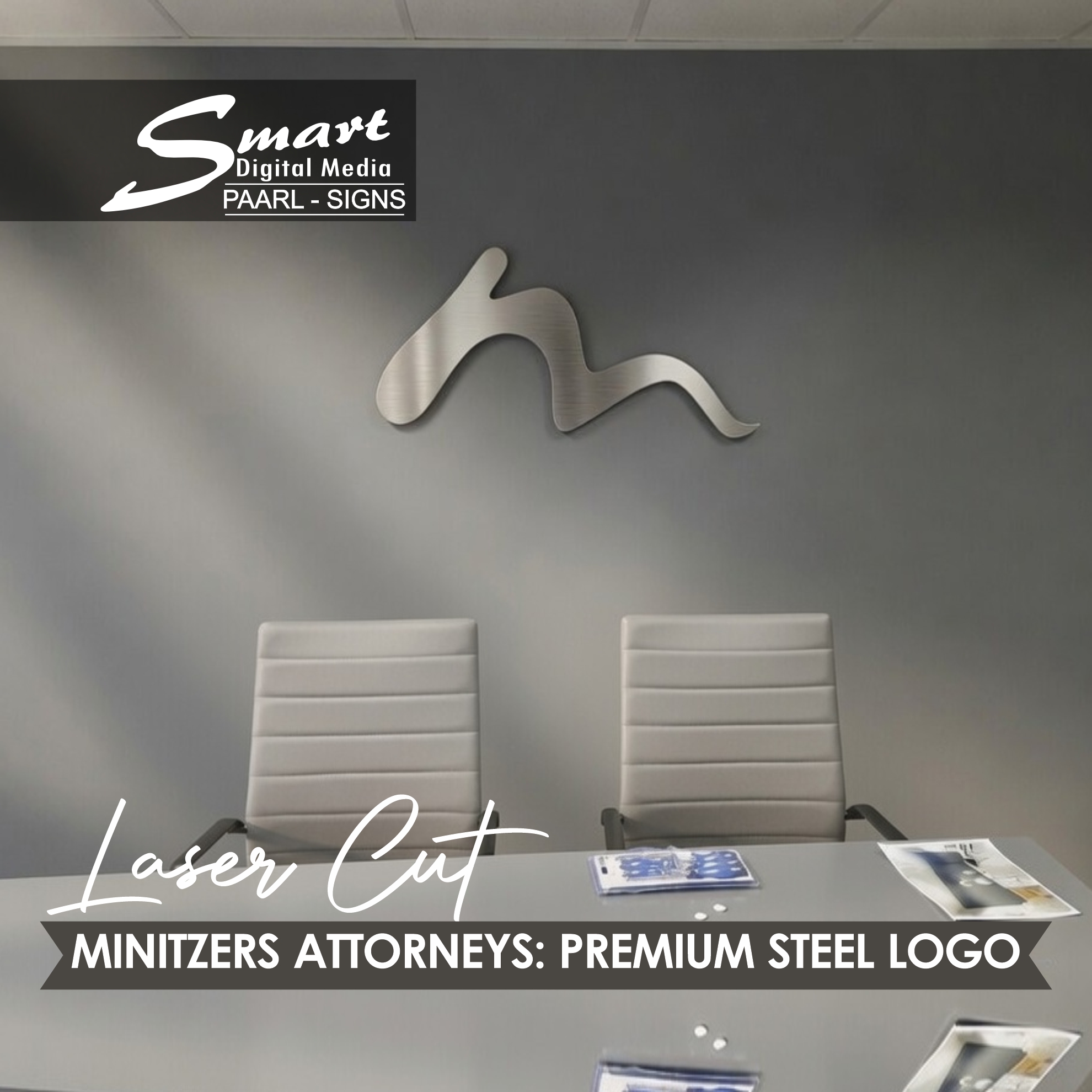 Smart Digital Media is proud to have fabricated and installed this sophisticated laser-cut premium steel logo in the boardroom for Minitzers Attorneys – a clean, modern metal piece that brings quiet confidence and premium presence to their office. Based in Paarl in the Cape Winelands.