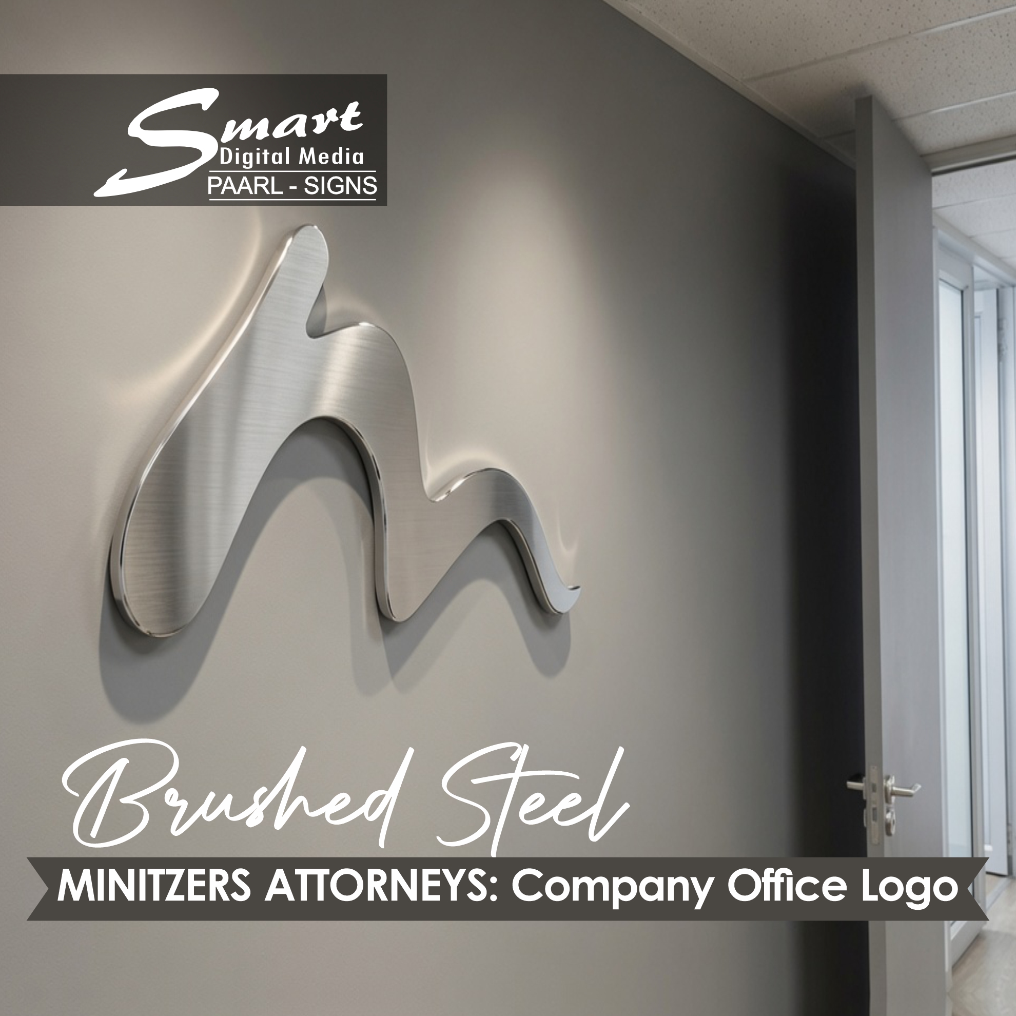 Smart Digital Media is proud to have fabricated and installed this sophisticated laser-cut steel logo for Minitzers Attorneys – a clean, modern metal piece that brings quiet confidence and premium presence to their office.