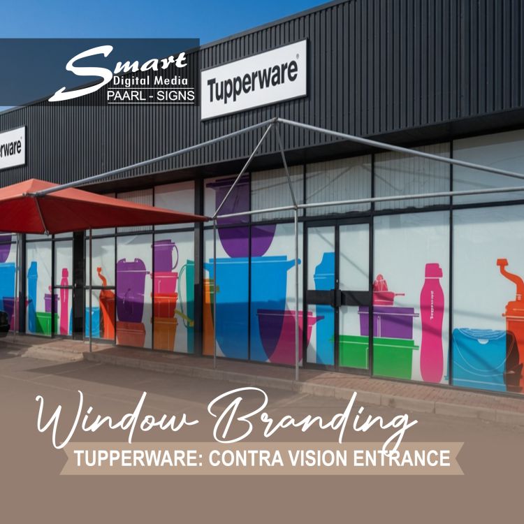 Professional portfolio photograph of vibrant multi-coloured Tupperware product silhouettes on one-way vision window film that delivers complete street privacy while allowing clear outward views, across a commercial storefront by Smart Digital Media’s signage team