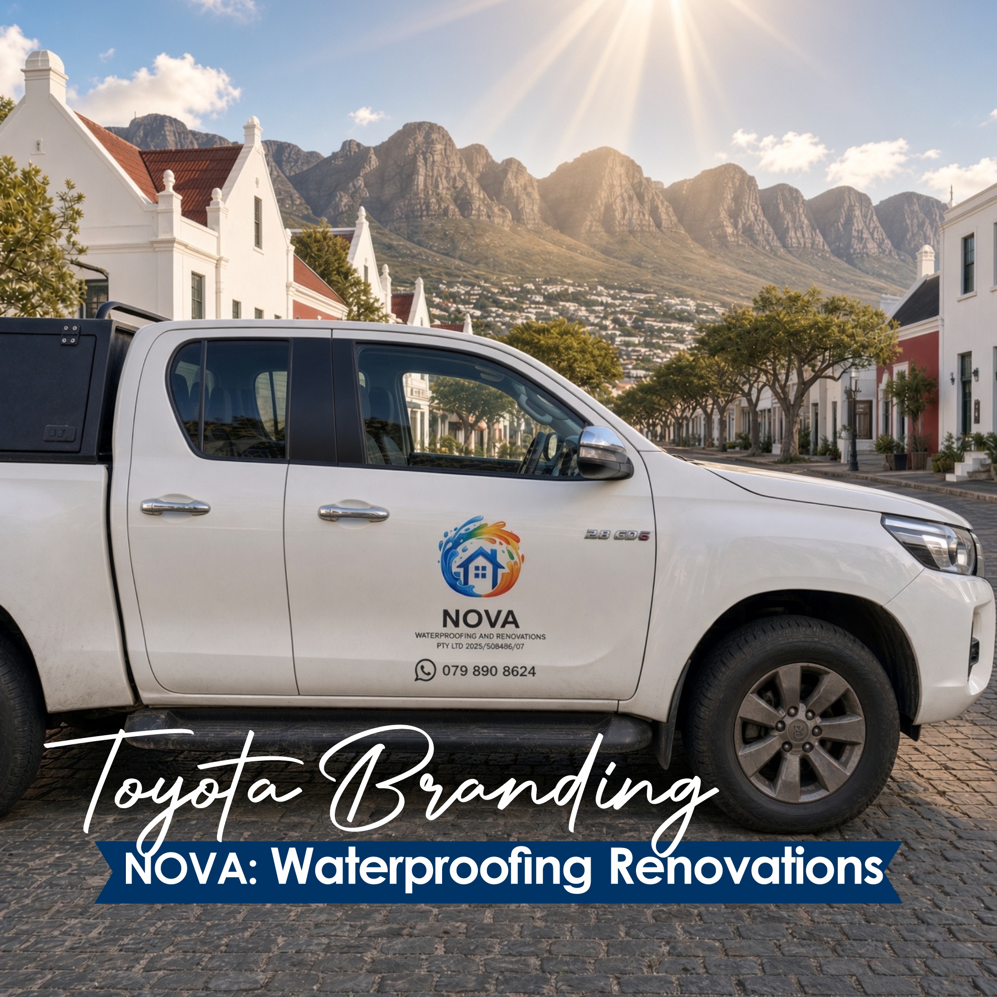 Side front door vehicle branding for Nova Waterproofing and Renovations on a white Toyota Hilux Extra Cab — UV-coated vinyl logo and contact details by Smart Digital Media Paarl