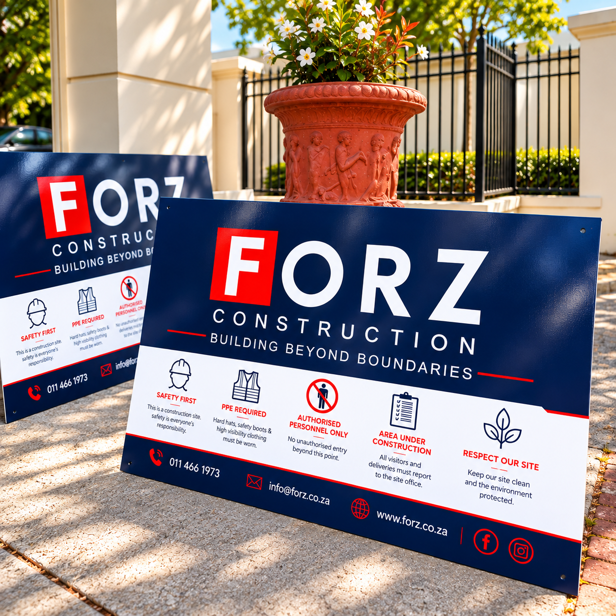 Smart Digital Media's Signage Team in Paarl recently manufactured and printed six custom construction boards for Forz Construction. The boards combine bold corporate branding with clear safety and site information, using full-colour vinyl printing, UV coating, galvanised steel and custom backing frames.