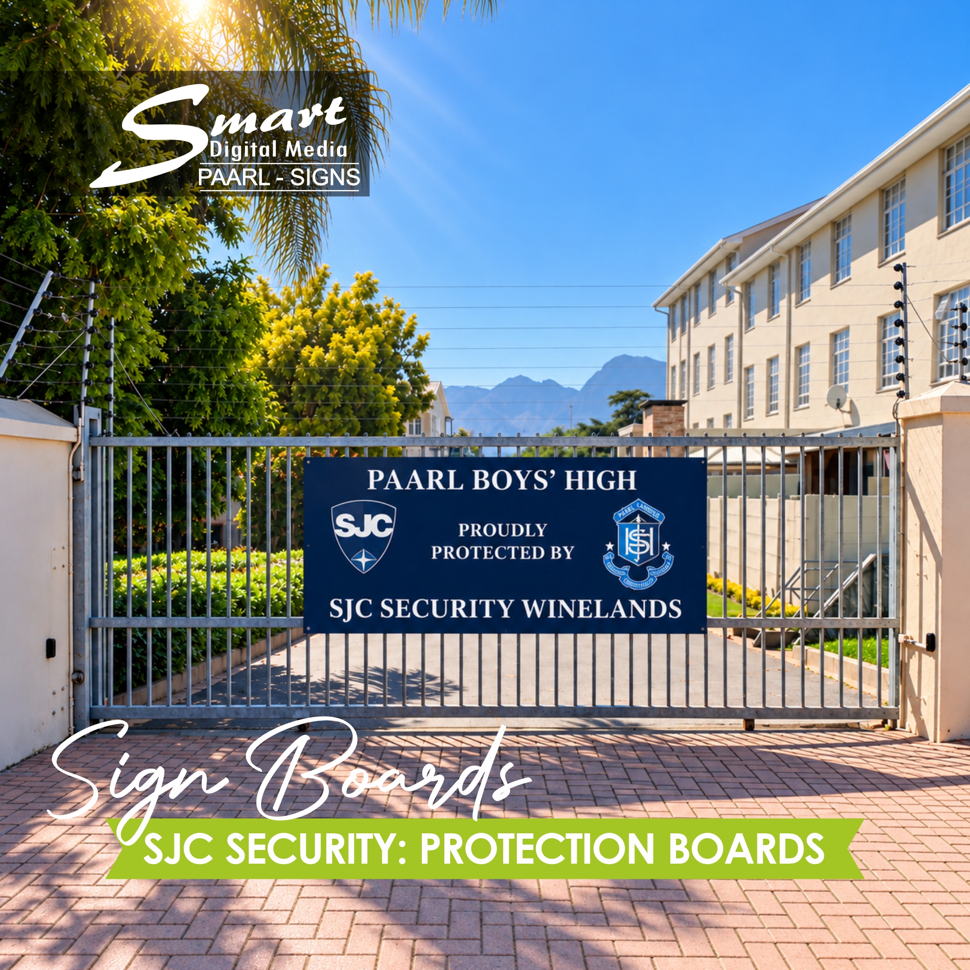 Close-up of the navy Paarl Boys High and SJC Security Winelands gate sign. Vinyl print, UV coated, galvanised steel, by Smart Digital Media’s Signage team, Paarl.